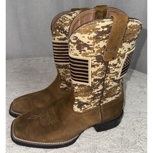 Ariat Patriot Boots Boys Sz 7.5 EE Brown Camo Square Toe Western Cowboy Flag USA